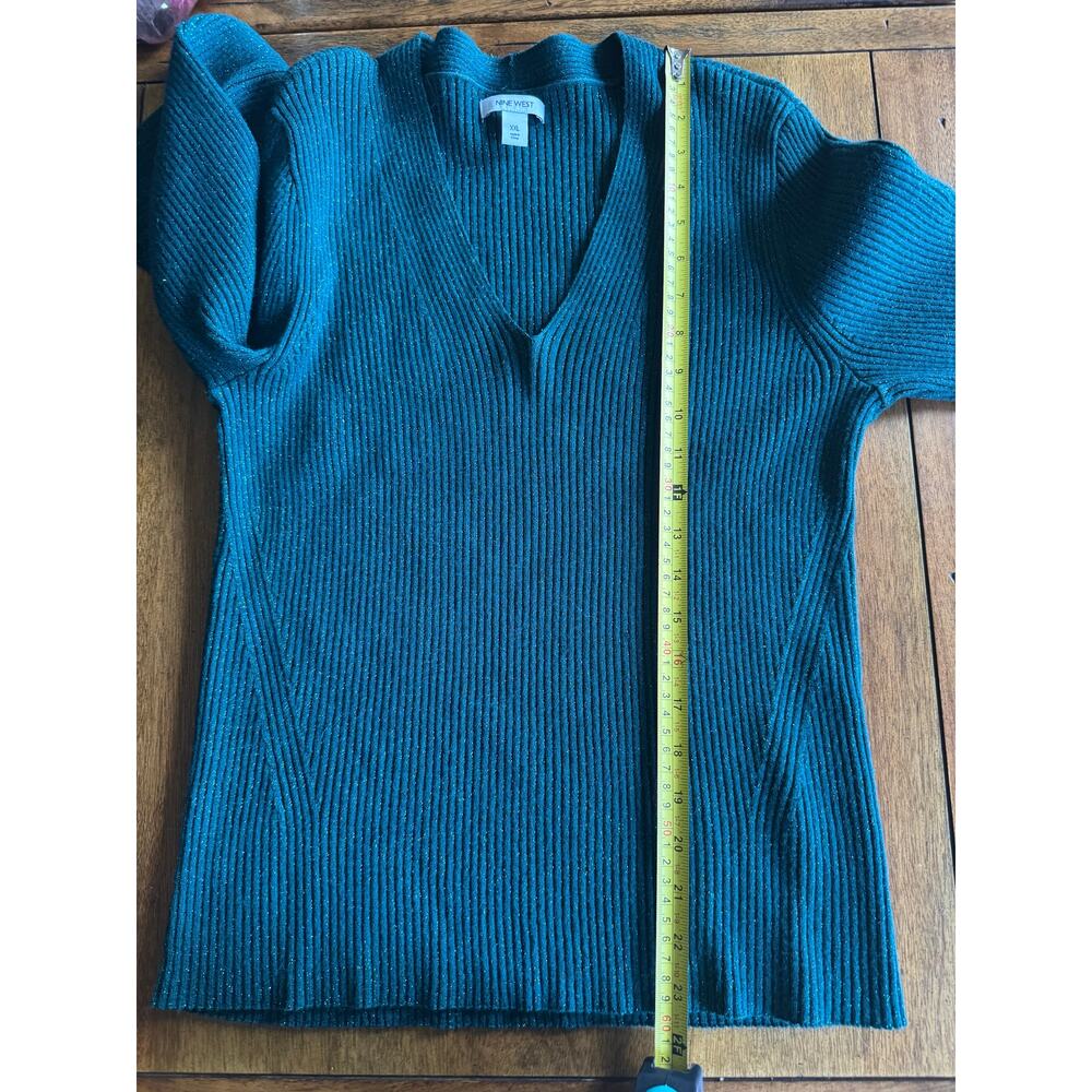Nine West Teal Metallic Ribbed Sweater XXL V Neck Long Sleeve - Picture 8 of 12
